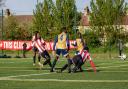 Man of the match Joshua Adejokun scores his second to fire Clapton CFC to a 4-2 win.