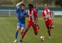 Ayub Kadiri of Redbridge and Jaffa Hussain of Clapton during Redbridge vs Clapton, Len Cordell Memorial Cup Football at Oakside Stadium on 10th April 2021