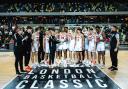 Princeton University Tigers celebrate winning the inaugural London Basketball Classic at the Copper Box Arena