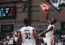 Gabe Olaseni scores a basket for London Lions at Newcastle. Image: British Basketball League