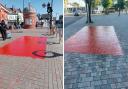 The Pride flags have been painted over in red, with police treating the incidents as homophobic hate crimes
