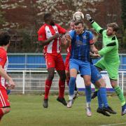 George Martin of Redbridge punches clear during Redbridge vs Clapton, Len Cordell Memorial Cup Football at Oakside Stadium on 10th April 2021