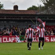 Clapton celebrate their eighth goal against Hounslow Reserves