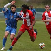 Ayub Kadiri of Redbridge and Jaffa Hussain of Clapton during Redbridge vs Clapton, Len Cordell Memorial Cup Football at Oakside Stadium on 10th April 2021