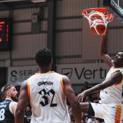 Gabe Olaseni scores a basket for London Lions at Newcastle. Image: British Basketball League