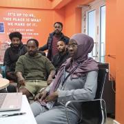 Five people living at Anchor House who say they have nowhere else to go. From left to right: Michael Mebrhetu, Solomon Gebrezgiabiher, Daniel Zewde, Abel Yohannes and Mai Kanyi