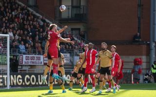 Leyton Orient's Brandon Cooper wins a header against Wrexham. Picture: JAMES MANNING/PA